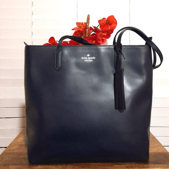 Kate Spade Newyork Leather Large Jana Shoulder Tote Bag Dark Blue - Picture 2 of 10